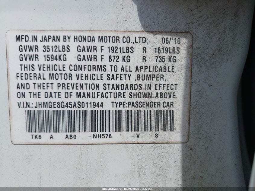 2010 Honda Fit VIN JHMGE8G45AS011944 IAAI salvage auction — REAR END, Salvage (Tennessee), sold $700 on 2026-07-23 (photo 9)