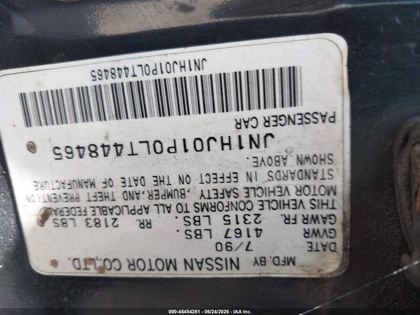 1990 Nissan Maxima VIN JN1HJ01P0LT448465 IAAI salvage auction — LEFT SIDE, Clear (New Jersey), sold $450 on 2026-07-13 (photo 9)