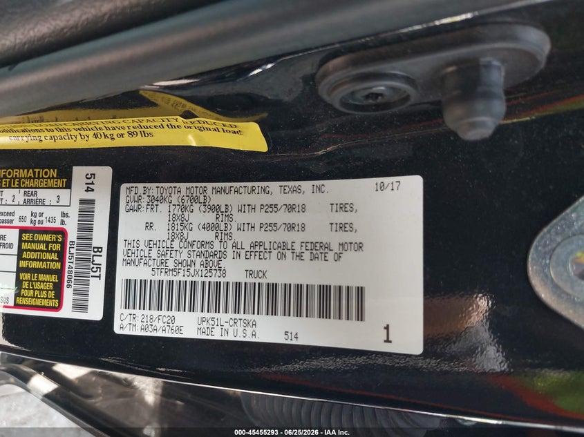 2018 Toyota Tundra VIN 5TFRM5F15JX125738 IAAI salvage auction — FRONT END, Salvage (Texas), sold $8,450 on 2026-07-29 (photo 9)