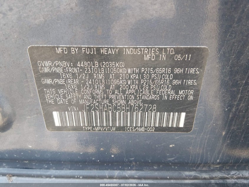 2011 Subaru Forester VIN JF2SHABC5BH762728 IAAI salvage auction — NORMAL WEAR, Original (Ohio), sold $350 on 2026-07-29 (photo 9)