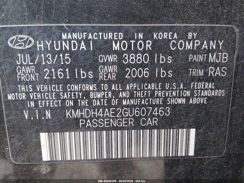 2016 Hyundai Elantra VIN KMHDH4AE2GU607463 IAAI salvage auction — NORMAL WEAR, Salvage Title, sold $975 on 2026-07-20 (photo 9)