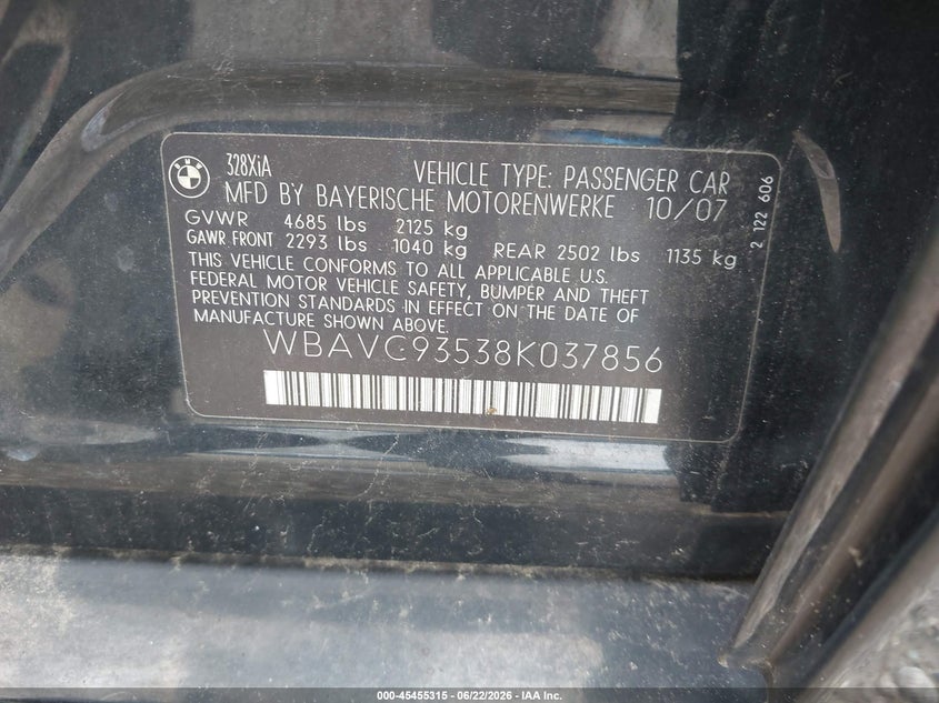 2008 BMW 3er VIN WBAVC93538K037856 IAAI salvage auction — NORMAL WEAR, Original (Ohio), sold $225 on 2026-07-28 (photo 9)