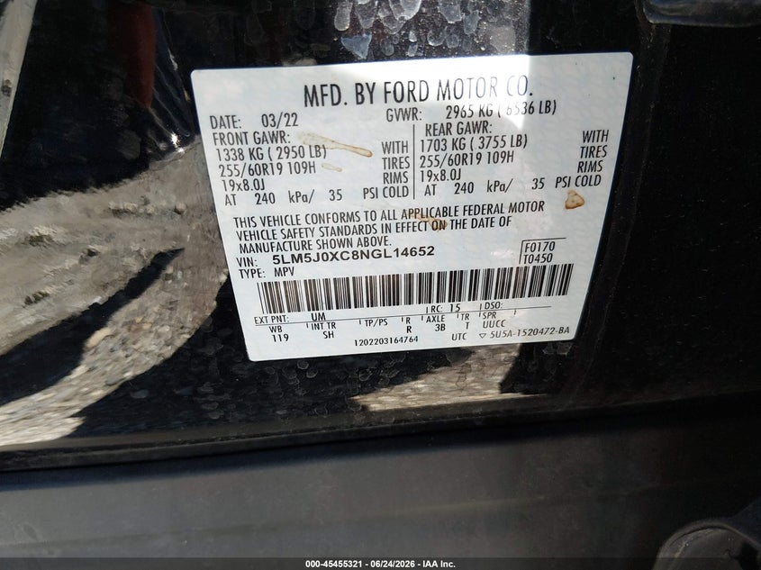 2022 Lincoln Aviator VIN 5LM5J0XC8NGL14652 IAAI salvage auction — FRONT END, Salvage Title, sold $6,000 on 2026-09-12 (photo 9)