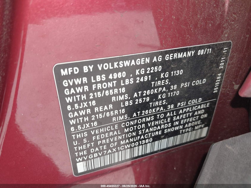 2012 Volkswagen Tiguan VIN WVGBV7AX1CW001380 IAAI salvage auction — FRONT END, Mv-907A (New York), sold $425 on 2026-08-04 (photo 9)