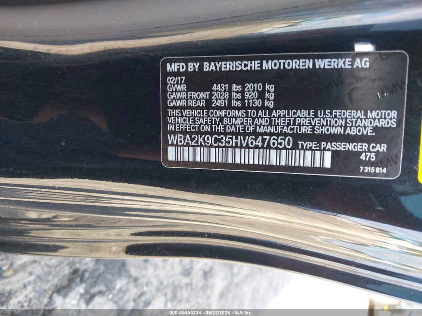 2017 BMW 2er VIN WBA2K9C35HV647650 IAAI salvage auction — LEFT & RIGHT, Salvage Title, sold $2,200 on 2026-08-13 (photo 9)