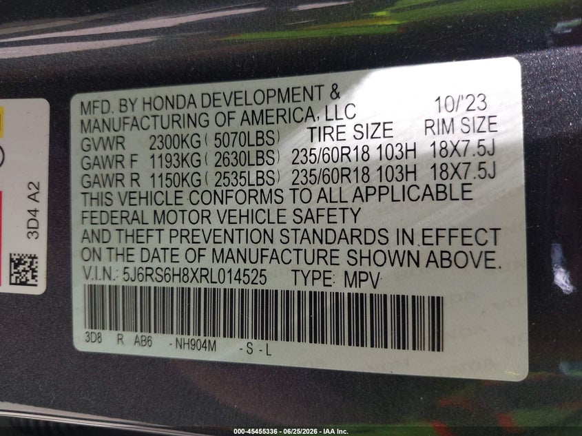2024 Honda Cr-v VIN 5J6RS6H8XRL014525 IAAI salvage auction — FRONT END, Mv-907A (New York), sold $9,700 on 2026-07-29 (photo 9)