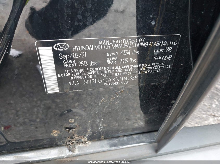 2022 Hyundai Sonata VIN 5NPEG4JAXNH141359 IAAI salvage auction — FRONT END, Salvage Title, sold $2,925 on 2026-07-29 (photo 9)