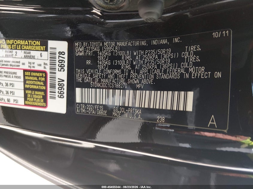 2012 Toyota Sienna VIN 5TDXK3DC1CS188270 IAAI salvage auction — FRONT & REAR, Salvage (Texas), sold $1,900 on 2026-07-10 (photo 9)