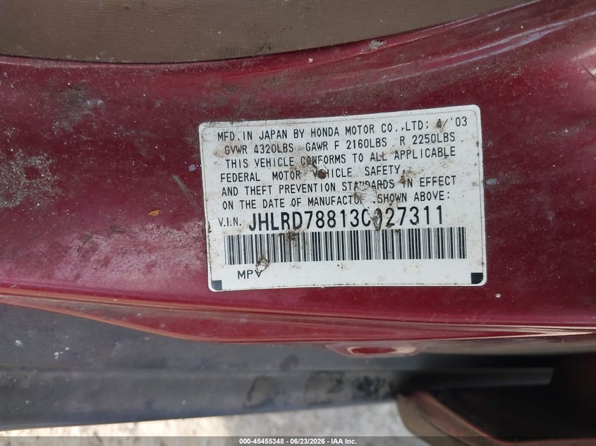 2003 Honda Cr-v VIN JHLRD78813C027311 IAAI salvage auction — NORMAL WEAR, Clear (Washington), sold $425 on 2026-07-29 (photo 9)