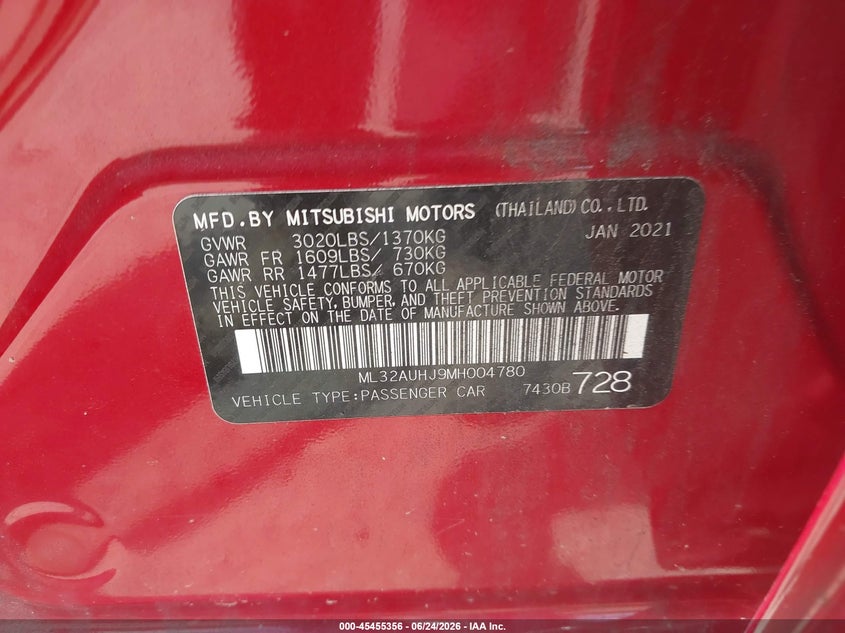 2021 Mitsubishi Mirage VIN ML32AUHJ9MH004780 IAAI salvage auction — RIGHT FRONT, Wait Title, sold $1,800 on 2026-08-02 (photo 9)