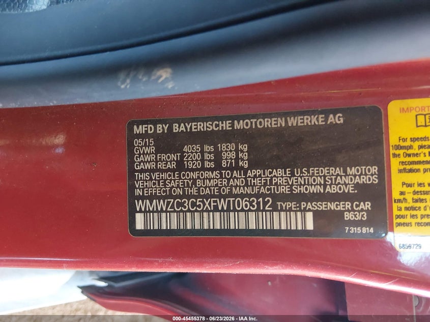 2015 Mini Countryman VIN WMWZC3C5XFWT06312 IAAI salvage auction — RIGHT FRONT, Salvage (Arizona), sold $800 on 2026-07-10 (photo 9)