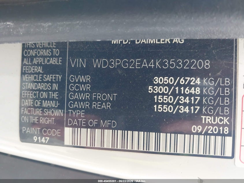 2019 Mercedes-benz Metris VIN WD3PG2EA4K3532208 IAAI salvage auction — NORMAL WEAR, Sf97 (New Jersey), sold $7,600 on 2026-07-21 (photo 9)