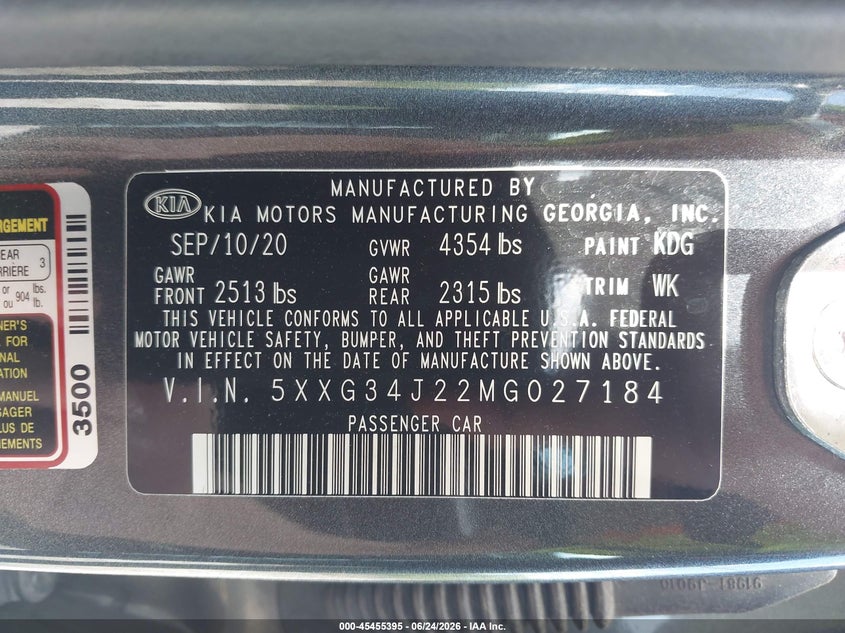 2021 Kia K5 VIN 5XXG34J22MG027184 IAAI salvage auction — LEFT REAR, Salvage (Pennsylvania), sold $4,250 on 2026-07-28 (photo 9)