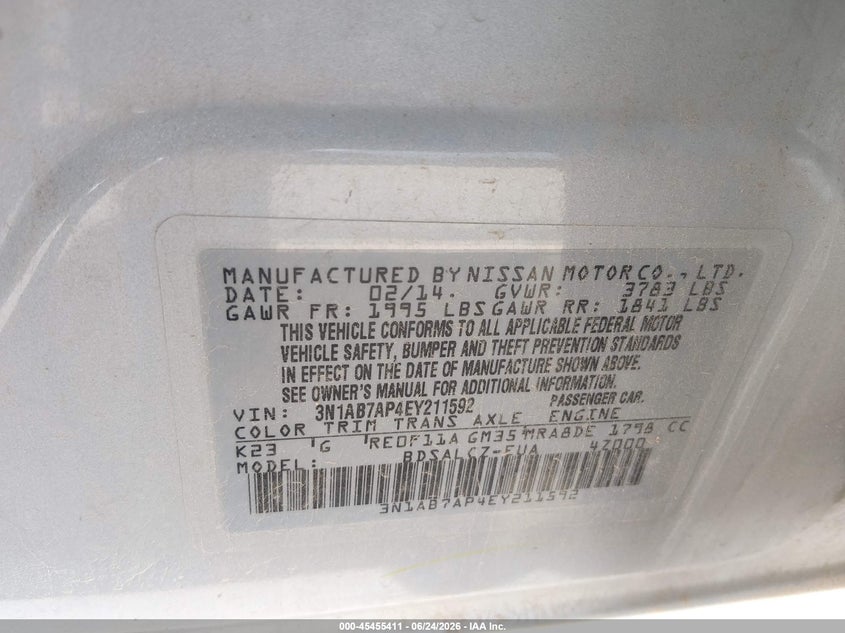 2014 Nissan Sentra VIN 3N1AB7AP4EY211592 IAAI salvage auction — FRONT & REAR, Salvage Title, sold $25 on 2026-07-22 (photo 9)