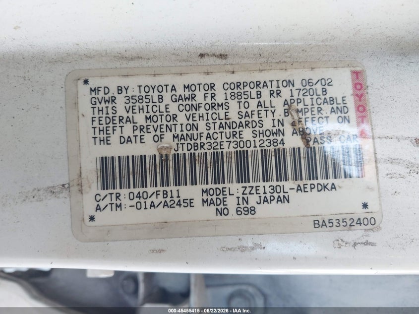 2003 Toyota Corolla VIN JTDBR32E730012384 IAAI salvage auction — NORMAL WEAR, Clear (Florida), sold $675 on 2026-07-28 (photo 9)