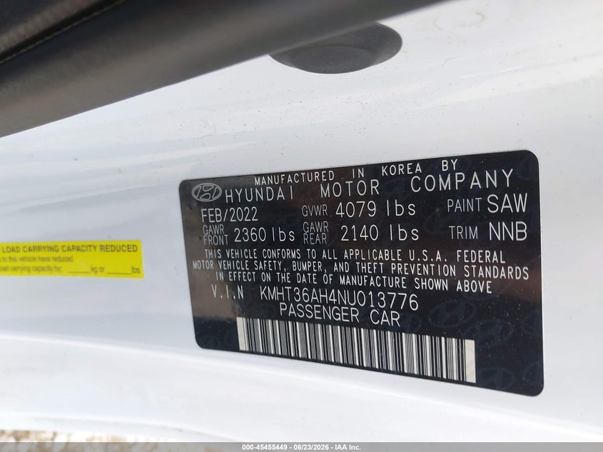2022 Hyundai Veloster VIN KMHT36AH4NU013776 IAAI salvage auction — FRONT END, Salvage (Pennsylvania), sold $5,000 on 2026-07-14 (photo 9)