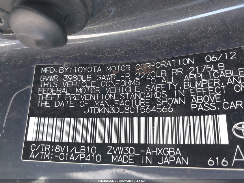 2012 Toyota Prius VIN JTDKN3DU8C1564566 IAAI salvage auction — NORMAL WEAR, Clear - Dealer Only (California), sold $3,300 on 2026-07-29 (photo 9)