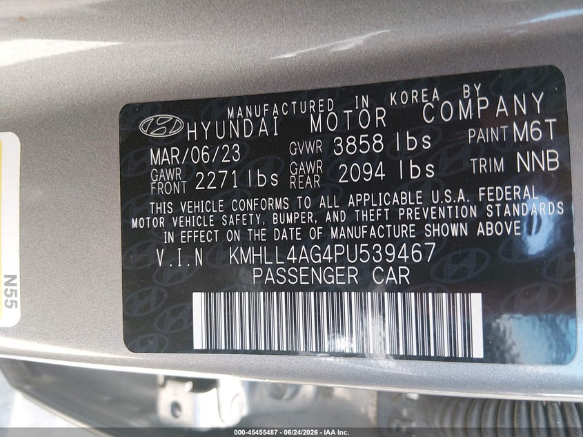 2023 Hyundai Elantra VIN KMHLL4AG4PU539467 IAAI salvage auction — NORMAL WEAR, Sf97 (California), sold $25 on 2026-07-28 (photo 9)