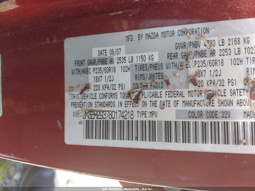 2008 Mazda Cx-7 VIN JM3ER293780174218 IAAI salvage auction — LEFT SIDE, Rebuildable (Florida), sold $25 on 2026-07-16 (photo 9)