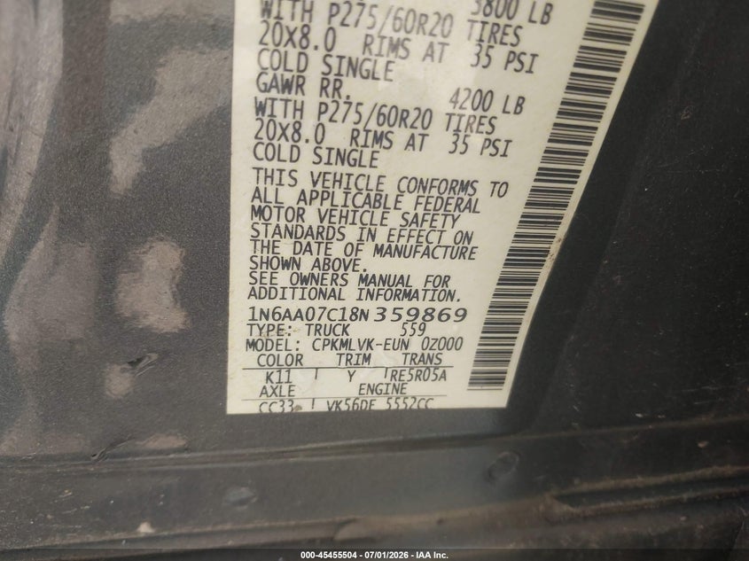 2008 Nissan TITAN VIN 1N6AA07C18N359869 IAAI salvage auction — RIGHT REAR, Nrc Lienholder Repossession Paperwork (Georgia), sold $325 on 2026-07-18 (photo 9)