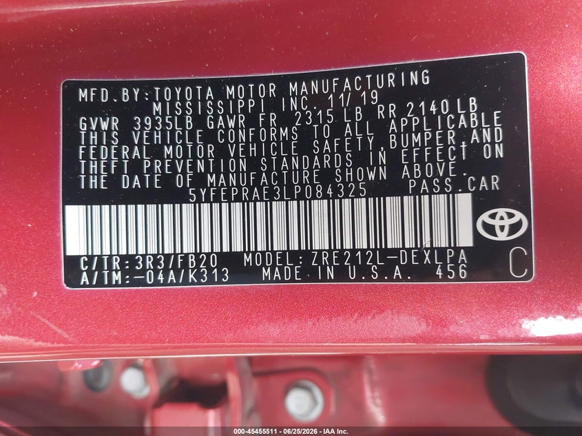 2020 Toyota Corolla VIN 5YFEPRAE3LP084325 IAAI salvage auction — FRONT END, Salvage - Greater Than 75% (Maryland), sold $3,050 on 2026-07-28 (photo 9)