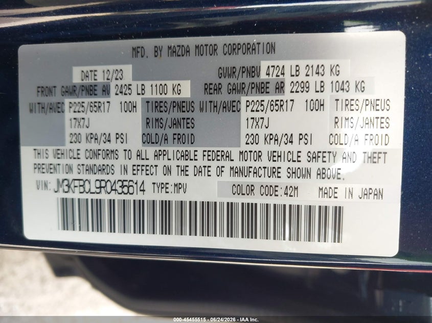 2024 Mazda Cx-5 VIN JM3KFBCL9R0435614 IAAI salvage auction — RIGHT SIDE, Salvage Title, sold $6,950 on 2026-09-11 (photo 9)