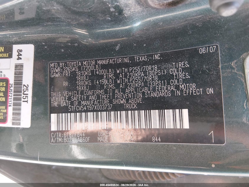 2007 Toyota Tundra VIN 5TFCV54197X003737 IAAI salvage auction — FRONT END, Nrc Lienholder Repossession Paperwork (New Hampshire), sold $2,100 on 2026-07-15 (photo 9)