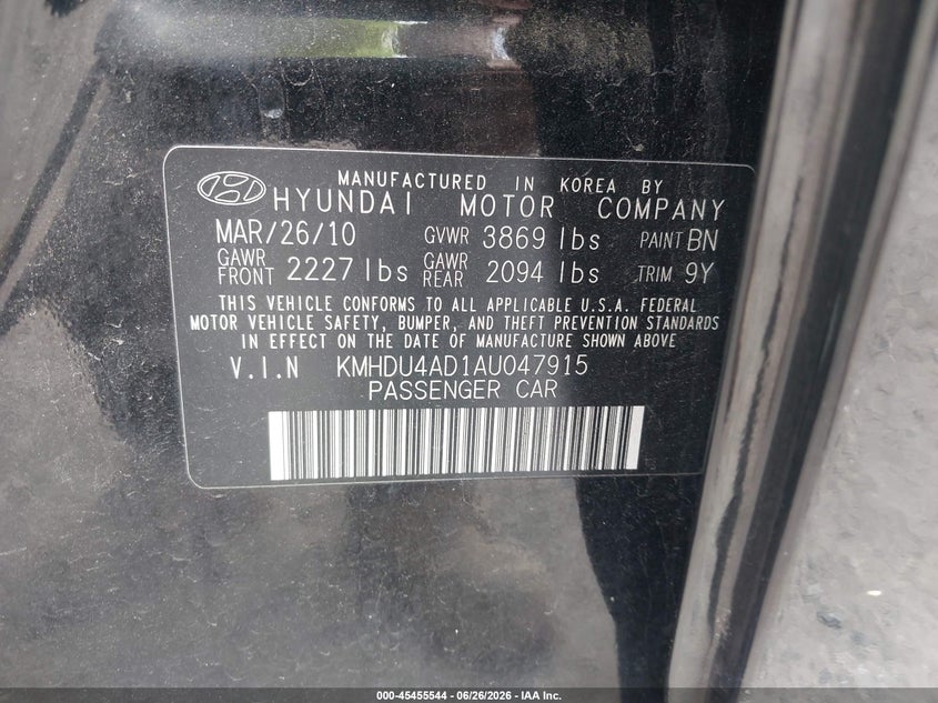 2010 Hyundai Elantra VIN KMHDU4AD1AU047915 IAAI salvage auction — REAR END, Salvage (New Jersey), sold $375 on 2026-08-03 (photo 9)