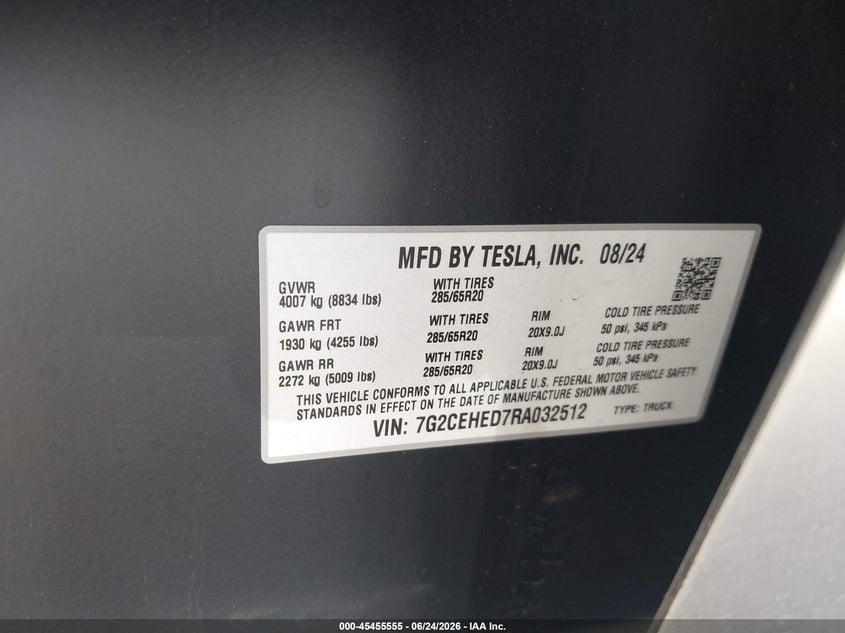 2024 Tesla Cybertruck VIN 7G2CEHED7RA032512 IAAI salvage auction — FRONT END, Salvage (California), sold $20,100 on 2026-09-09 (photo 9)