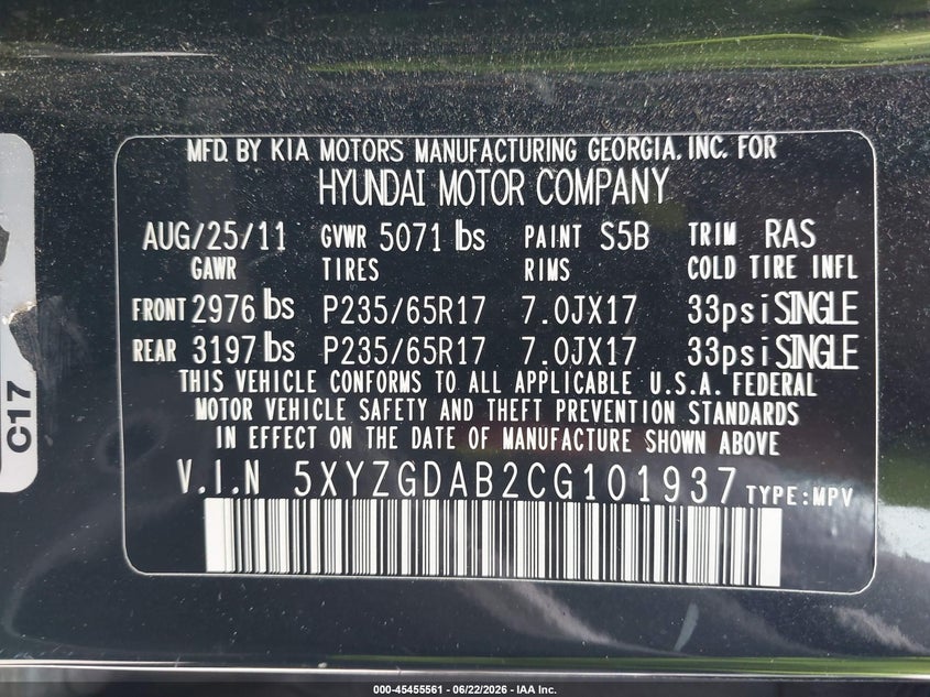 2012 Hyundai Santa fe VIN 5XYZGDAB2CG101937 IAAI salvage auction — NORMAL WEAR, Clear (Maryland), sold $1,025 on 2026-07-16 (photo 9)