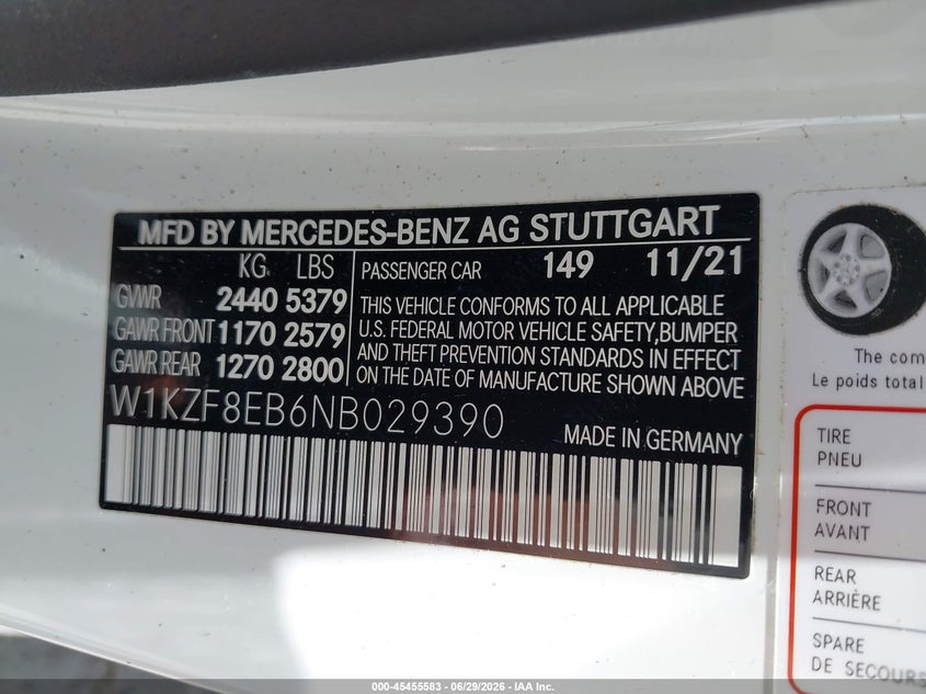 2022 Mercedes-benz E-klasse VIN W1KZF8EB6NB029390 IAAI salvage auction — REAR END, Salvage (North Carolina), sold $19,425 on 2026-07-31 (photo 9)