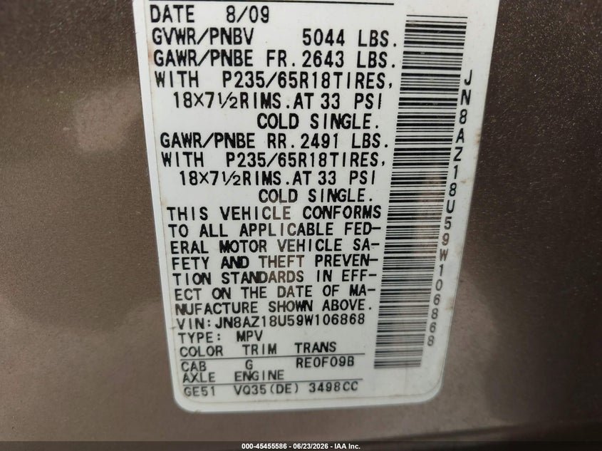 2009 Nissan Murano VIN JN8AZ18U59W106868 IAAI salvage auction — FRONT END, Salvage (Idaho), sold $300 on 2026-07-13 (photo 9)