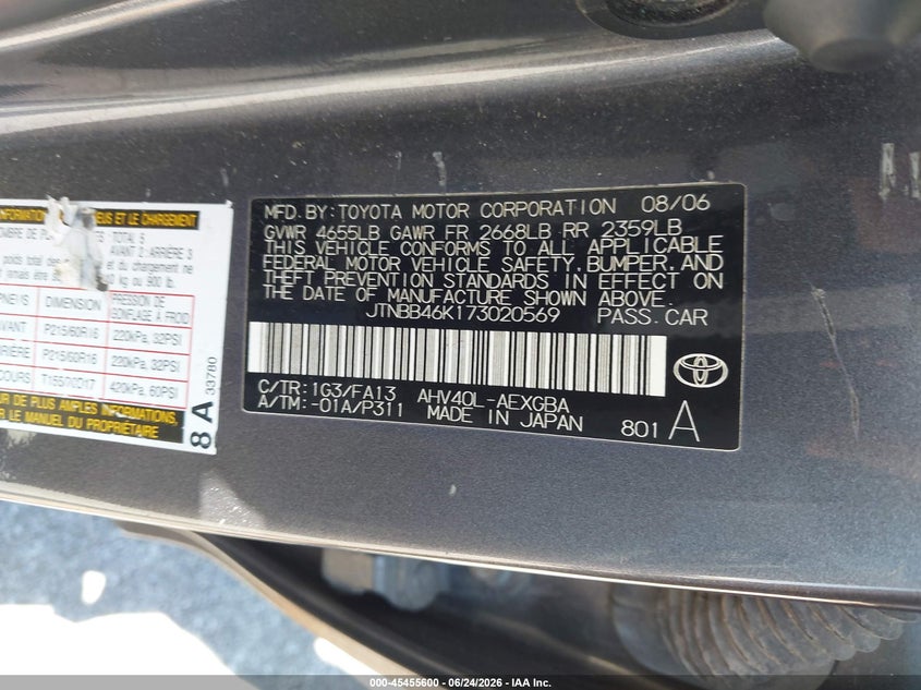 2007 Toyota Camry hybrid VIN JTNBB46K173020569 IAAI salvage auction — LEFT SIDE, Salvage (Indiana), sold $225 on 2026-07-23 (photo 9)