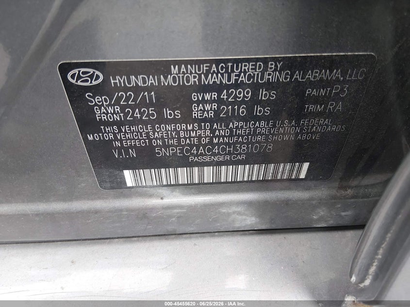 2012 Hyundai Sonata VIN 5NPEC4AC4CH381078 IAAI salvage auction — SIDE, Salvage Certificate (California), sold $1,050 on 2026-07-17 (photo 9)