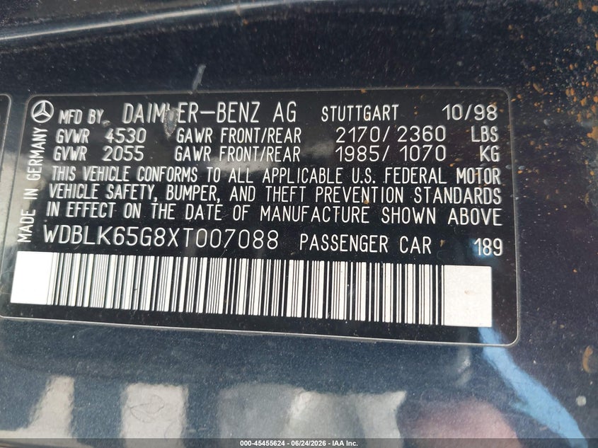 1999 Mercedes-benz Clk-class VIN WDBLK65G8XT007088 IAAI salvage auction — REAR END, Clear (Washington), sold $950 on 2026-07-29 (photo 9)