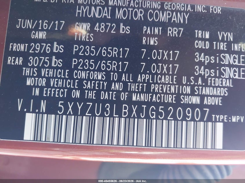 2018 Hyundai Santa fe VIN 5XYZU3LBXJG520907 IAAI salvage auction — SIDE, Salvage (California), sold $2,500 on 2026-07-05 (photo 9)