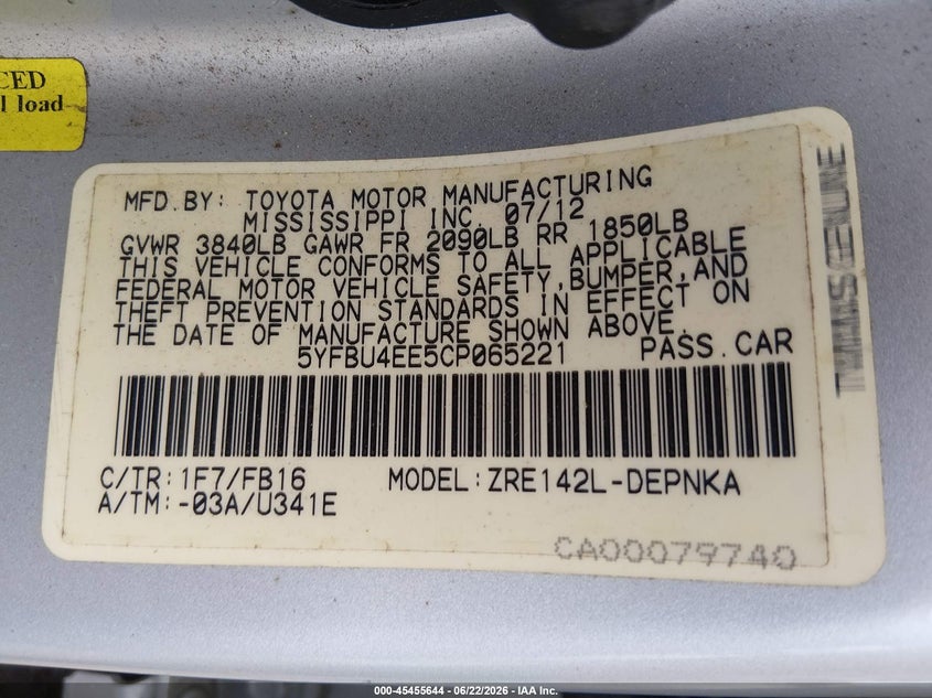2012 Toyota Corolla VIN 5YFBU4EE5CP065221 IAAI salvage auction — NORMAL WEAR, Clear (Louisiana), sold $1,600 on 2026-07-29 (photo 9)