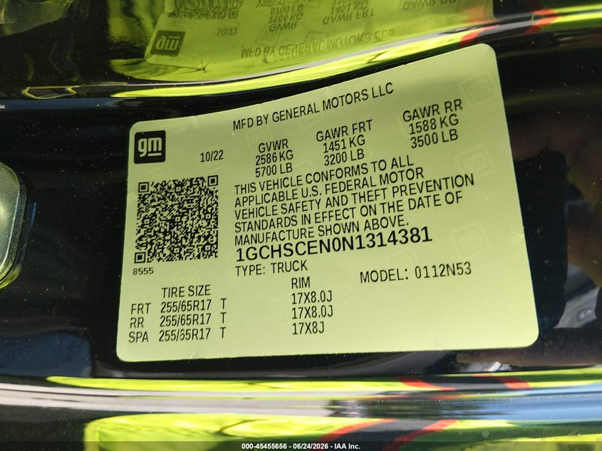 2022 Chevrolet Colorado VIN 1GCHSCEN0N1314381 IAAI salvage auction — FRONT END, Salvage Title, sold $4,250 on 2026-07-22 (photo 9)