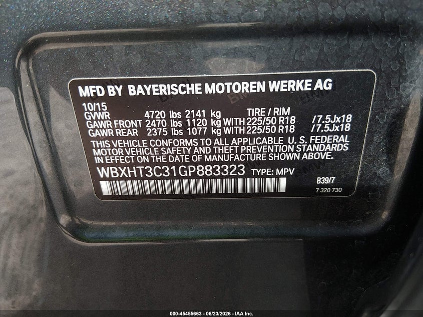 2016 BMW X1 VIN WBXHT3C31GP883323 IAAI salvage auction — FRONT & REAR, Clear (Georgia), sold $1,675 on 2026-07-17 (photo 9)