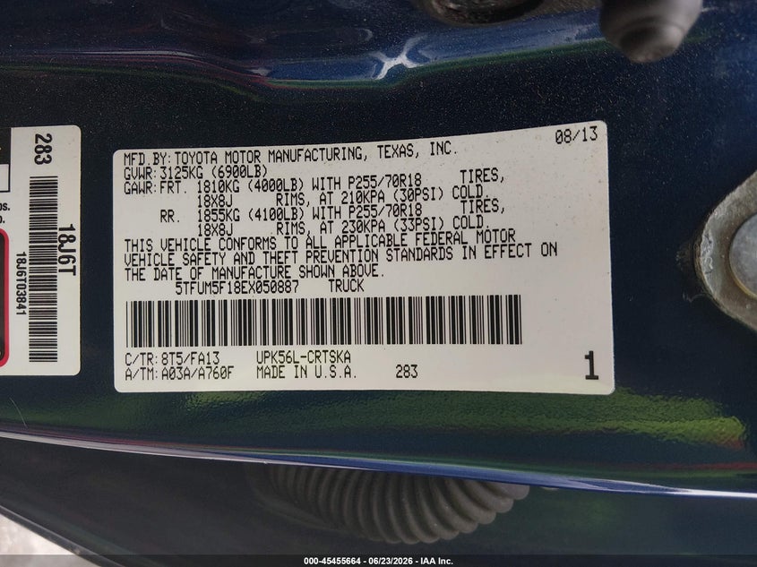 2014 Toyota Tundra VIN 5TFUM5F18EX050887 IAAI salvage auction — LEFT & RIGHT, Salvage - Greater Than 75% (Maryland), sold $5,800 on 2026-07-23 (photo 9)