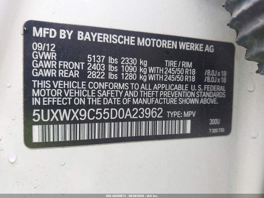 2013 BMW X3 VIN 5UXWX9C55D0A23962 IAAI salvage auction — FRONT END, Salvage (California), sold $1,050 on 2026-07-08 (photo 9)