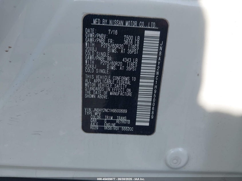 2017 Nissan Armada VIN JN8AY2NC1H9500689 IAAI salvage auction — ROOF, Salvage (Pennsylvania), sold $5,600 on 2026-07-14 (photo 9)