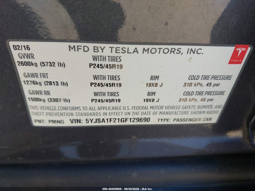 2016 Tesla Model s VIN 5YJSA1E21GF129690 IAAI salvage auction — RIGHT REAR, Salvage (California), sold $6,100 on 2026-07-11 (photo 9)