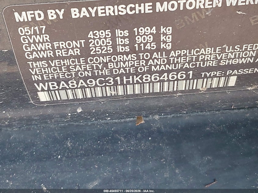 2017 BMW 3er VIN WBA8A9C31HK864661 IAAI salvage auction — WATER/FLOOD, Salvage (Texas), sold $875 on 2026-07-18 (photo 9)