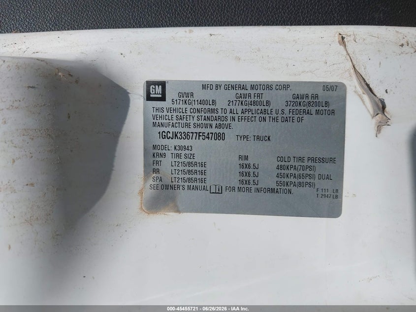 2007 Chevrolet Silverado 3500 VIN 1GCJK33677F547080 IAAI salvage auction — FRONT & REAR, Enterprise Vehicles Clear Only (Texas), sold $1,650 on 2026-07-06 (photo 8)