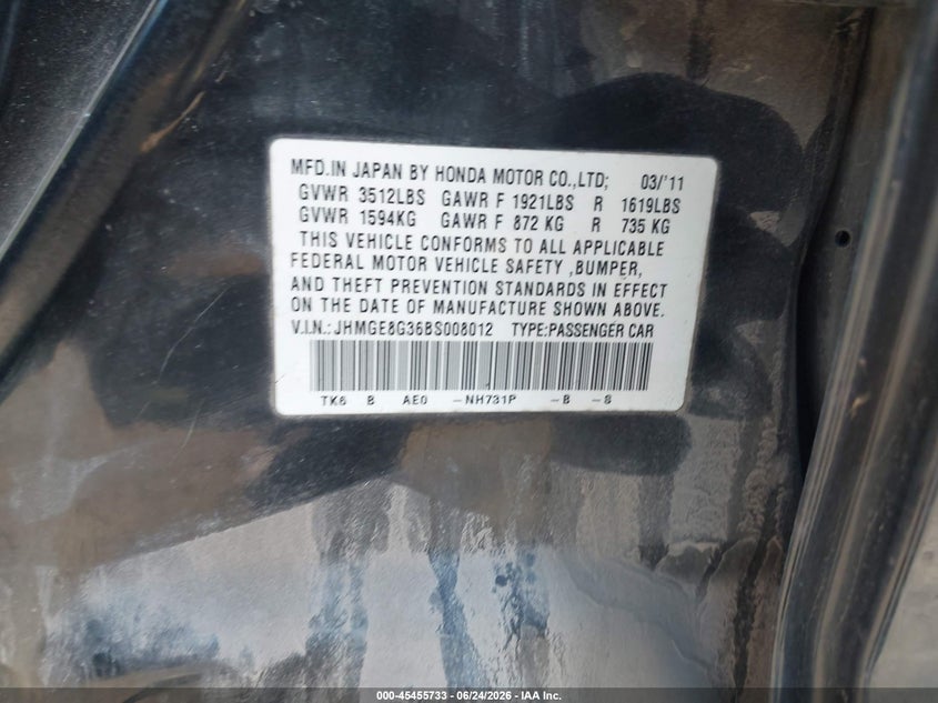 2011 Honda Fit VIN JHMGE8G36BS008012 IAAI salvage auction — FRONT END, Salvage (Pennsylvania), sold $600 on 2026-07-07 (photo 9)