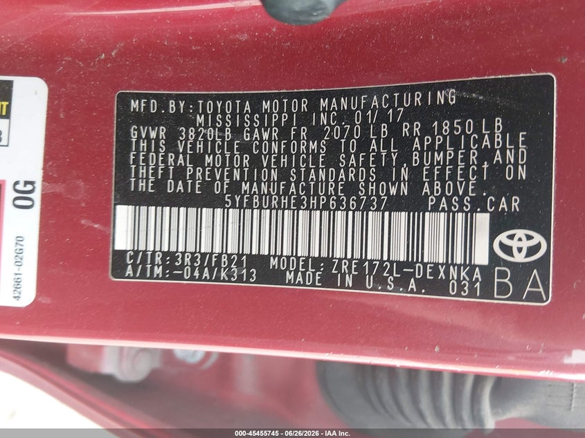 2017 Toyota Corolla VIN 5YFBURHE3HP636737 IAAI salvage auction — FRONT END, Salvage (Nevada), sold $1,800 on 2026-07-31 (photo 9)
