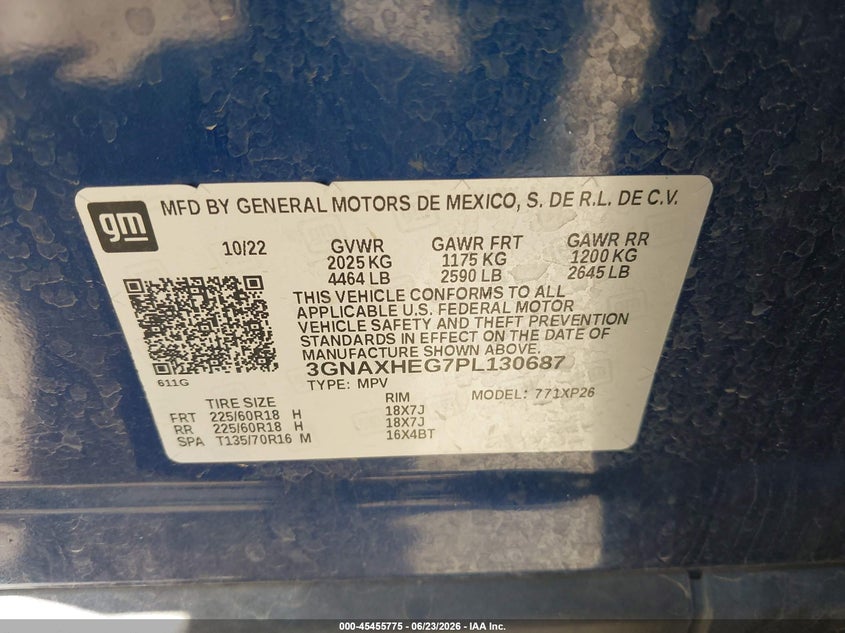 2023 Chevrolet Equinox VIN 3GNAXHEG7PL130687 IAAI salvage auction — LEFT SIDE, Original (Texas), sold $6,500 on 2026-07-29 (photo 9)