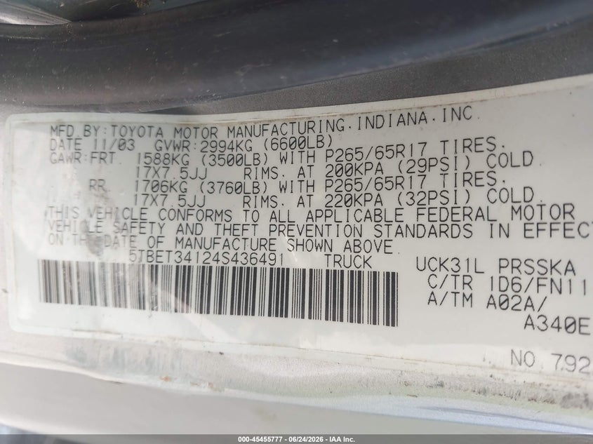 2004 Toyota Tundra VIN 5TBET34124S436491 IAAI salvage auction — ROLLOVER, Rebuildable (Florida), sold $400 on 2026-07-16 (photo 9)