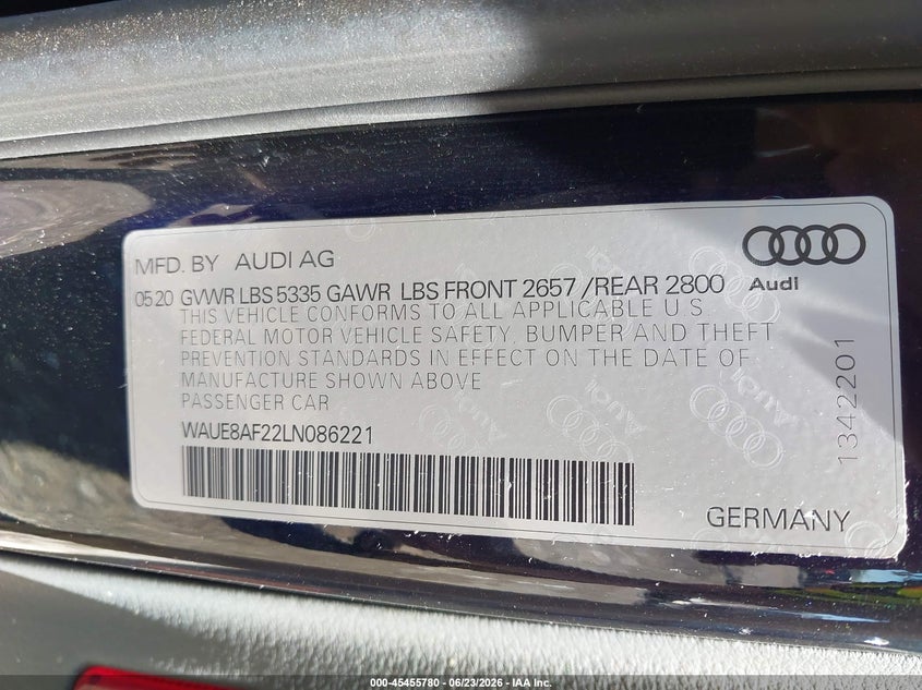 2020 Audi A6 VIN WAUE8AF22LN086221 IAAI salvage auction — FRONT END, Salvage Title, sold $11,050 on 2026-09-14 (photo 9)
